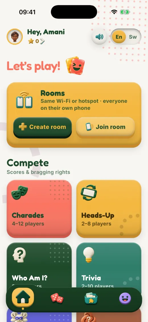 The Chezoo home screen with rooms and the game tiles