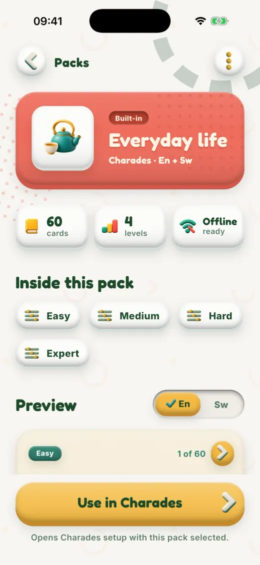A pack page with its cards, levels and a language toggle